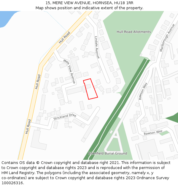 15, MERE VIEW AVENUE, HORNSEA, HU18 1RR: Location map and indicative extent of plot