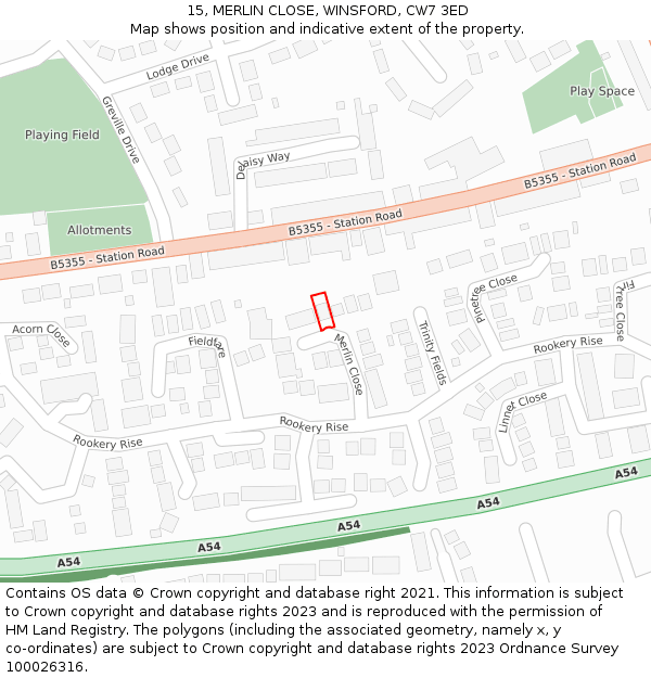 15, MERLIN CLOSE, WINSFORD, CW7 3ED: Location map and indicative extent of plot