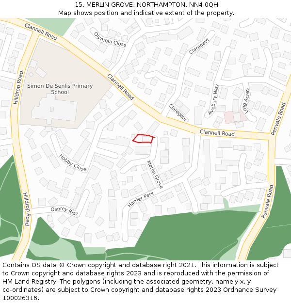 15, MERLIN GROVE, NORTHAMPTON, NN4 0QH: Location map and indicative extent of plot