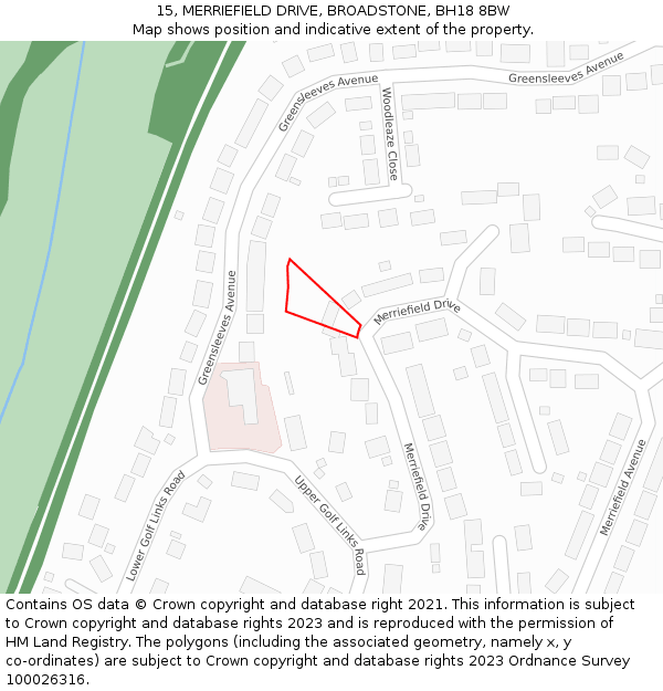 15, MERRIEFIELD DRIVE, BROADSTONE, BH18 8BW: Location map and indicative extent of plot