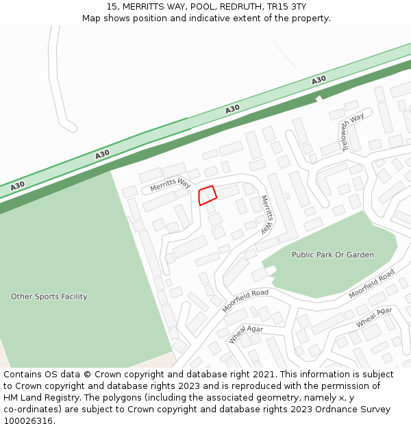 15, MERRITTS WAY, POOL, REDRUTH, TR15 3TY: Location map and indicative extent of plot