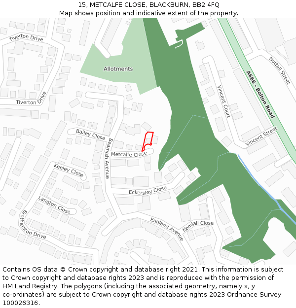 15, METCALFE CLOSE, BLACKBURN, BB2 4FQ: Location map and indicative extent of plot