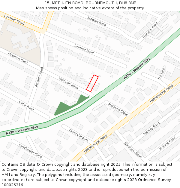 15, METHUEN ROAD, BOURNEMOUTH, BH8 8NB: Location map and indicative extent of plot