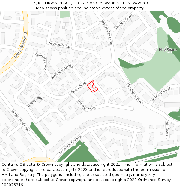 15, MICHIGAN PLACE, GREAT SANKEY, WARRINGTON, WA5 8DT: Location map and indicative extent of plot