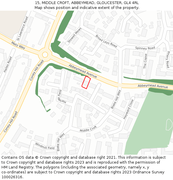 15, MIDDLE CROFT, ABBEYMEAD, GLOUCESTER, GL4 4RL: Location map and indicative extent of plot