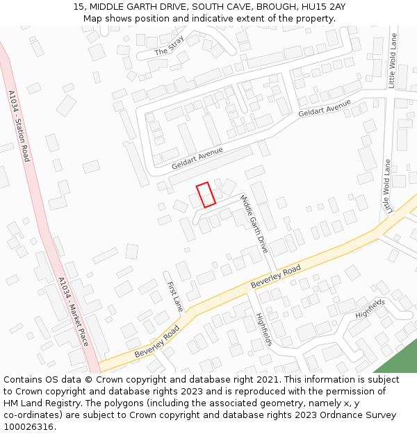 15, MIDDLE GARTH DRIVE, SOUTH CAVE, BROUGH, HU15 2AY: Location map and indicative extent of plot