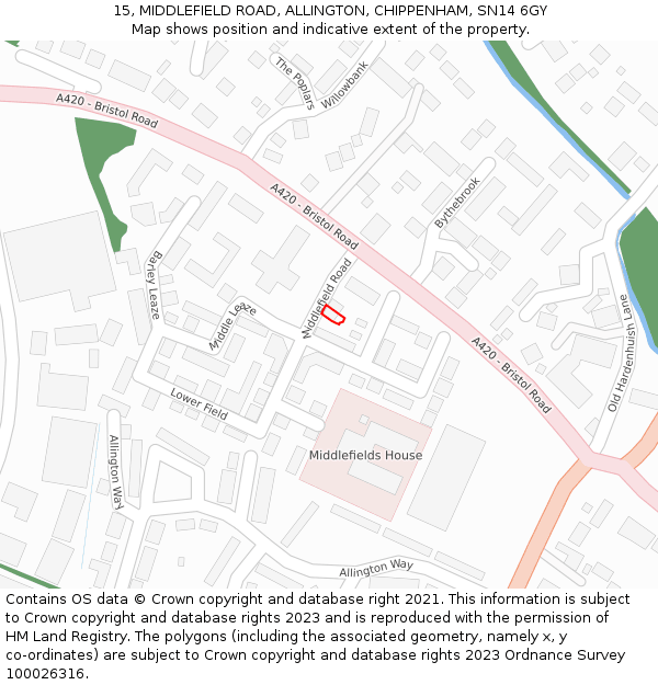 15, MIDDLEFIELD ROAD, ALLINGTON, CHIPPENHAM, SN14 6GY: Location map and indicative extent of plot