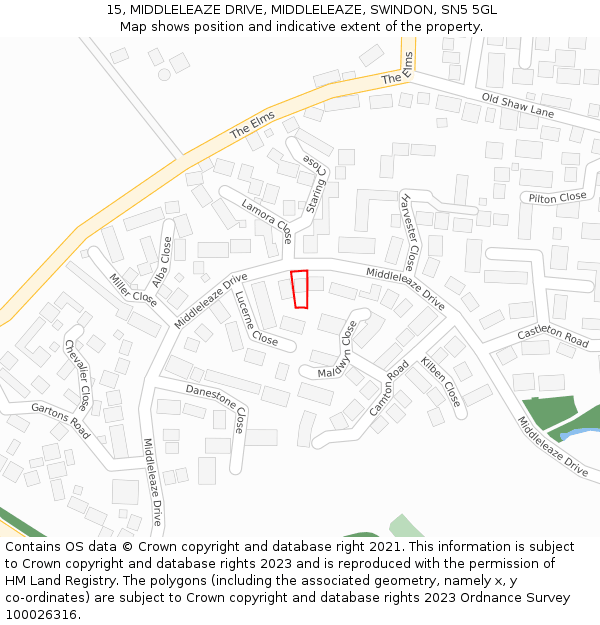 15, MIDDLELEAZE DRIVE, MIDDLELEAZE, SWINDON, SN5 5GL: Location map and indicative extent of plot