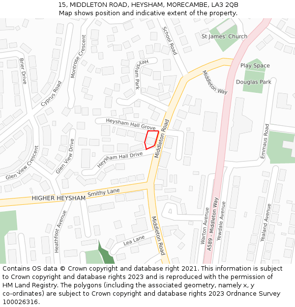 15, MIDDLETON ROAD, HEYSHAM, MORECAMBE, LA3 2QB: Location map and indicative extent of plot