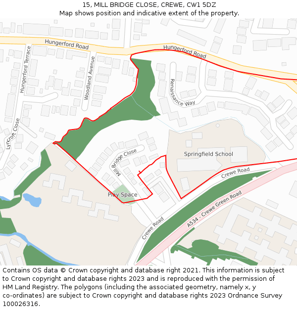 15, MILL BRIDGE CLOSE, CREWE, CW1 5DZ: Location map and indicative extent of plot