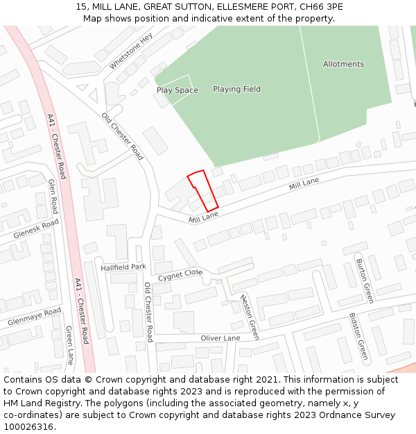 15, MILL LANE, GREAT SUTTON, ELLESMERE PORT, CH66 3PE: Location map and indicative extent of plot