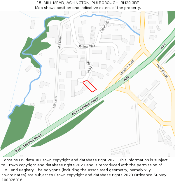 15, MILL MEAD, ASHINGTON, PULBOROUGH, RH20 3BE: Location map and indicative extent of plot