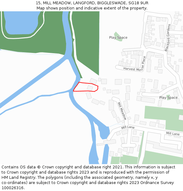 15, MILL MEADOW, LANGFORD, BIGGLESWADE, SG18 9UR: Location map and indicative extent of plot