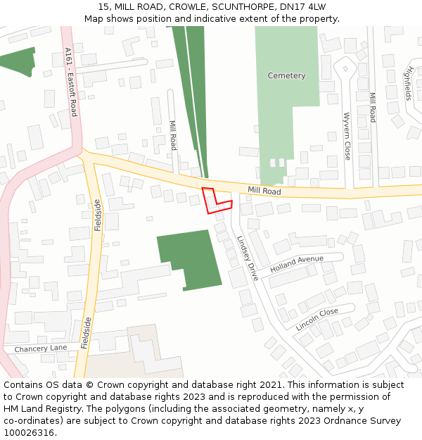 15, MILL ROAD, CROWLE, SCUNTHORPE, DN17 4LW: Location map and indicative extent of plot