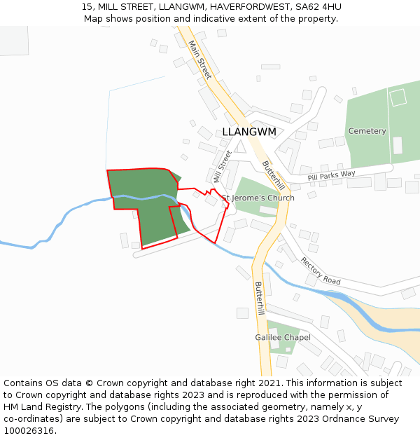 15, MILL STREET, LLANGWM, HAVERFORDWEST, SA62 4HU: Location map and indicative extent of plot