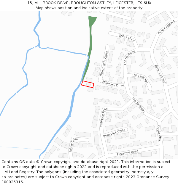 15, MILLBROOK DRIVE, BROUGHTON ASTLEY, LEICESTER, LE9 6UX: Location map and indicative extent of plot
