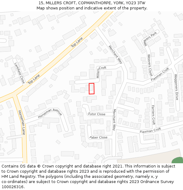 15, MILLERS CROFT, COPMANTHORPE, YORK, YO23 3TW: Location map and indicative extent of plot