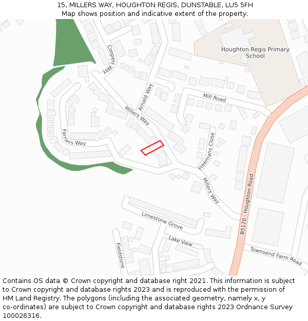 15, MILLERS WAY, HOUGHTON REGIS, DUNSTABLE, LU5 5FH: Location map and indicative extent of plot