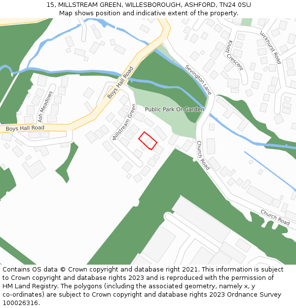 15, MILLSTREAM GREEN, WILLESBOROUGH, ASHFORD, TN24 0SU: Location map and indicative extent of plot