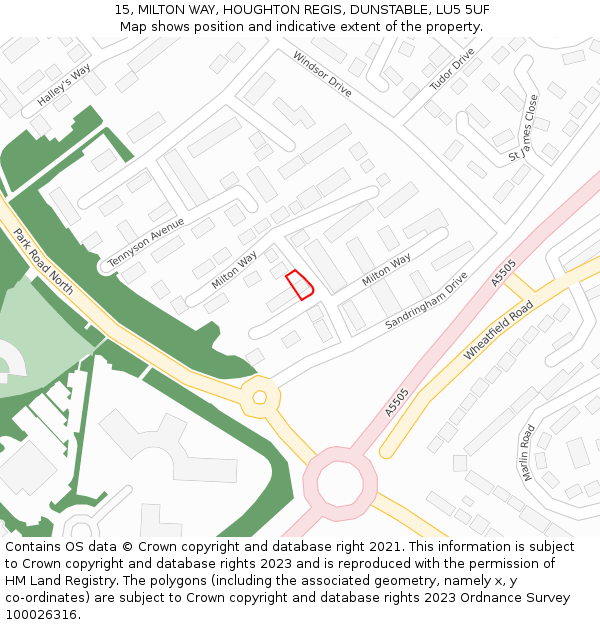 15, MILTON WAY, HOUGHTON REGIS, DUNSTABLE, LU5 5UF: Location map and indicative extent of plot