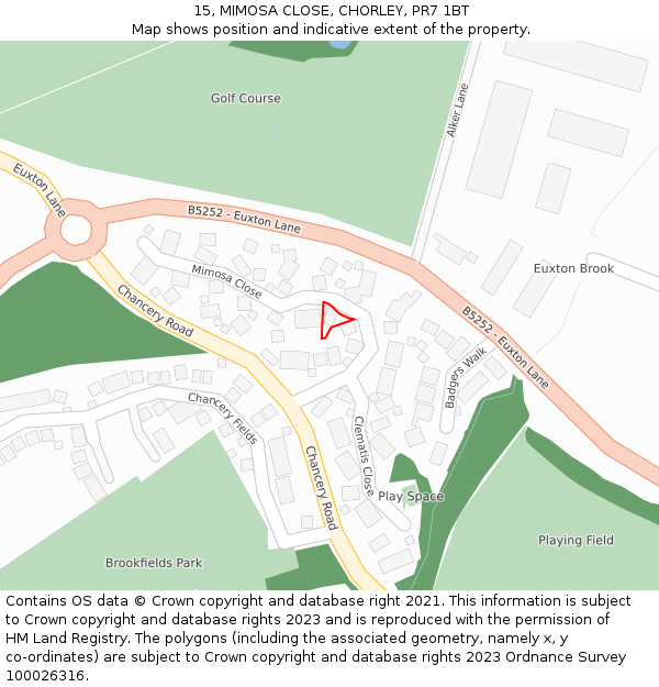 15, MIMOSA CLOSE, CHORLEY, PR7 1BT: Location map and indicative extent of plot