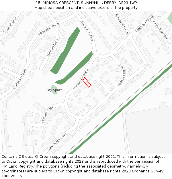 15, MIMOSA CRESCENT, SUNNYHILL, DERBY, DE23 1WP: Location map and indicative extent of plot