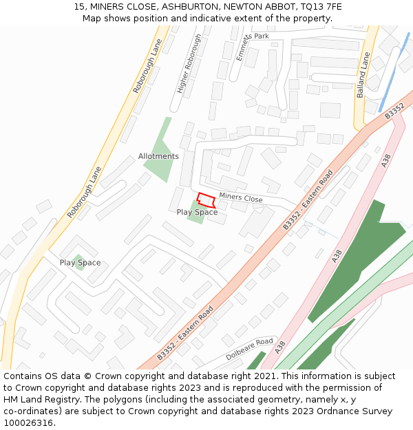 15, MINERS CLOSE, ASHBURTON, NEWTON ABBOT, TQ13 7FE: Location map and indicative extent of plot