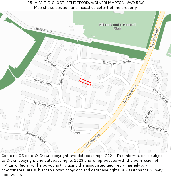 15, MIRFIELD CLOSE, PENDEFORD, WOLVERHAMPTON, WV9 5RW: Location map and indicative extent of plot
