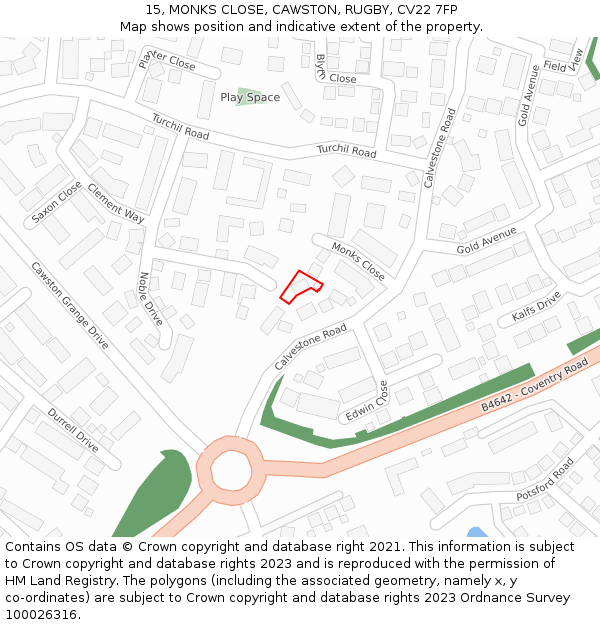 15, MONKS CLOSE, CAWSTON, RUGBY, CV22 7FP: Location map and indicative extent of plot
