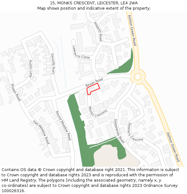 15, MONKS CRESCENT, LEICESTER, LE4 2WA: Location map and indicative extent of plot