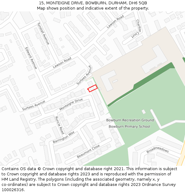 15, MONTEIGNE DRIVE, BOWBURN, DURHAM, DH6 5QB: Location map and indicative extent of plot