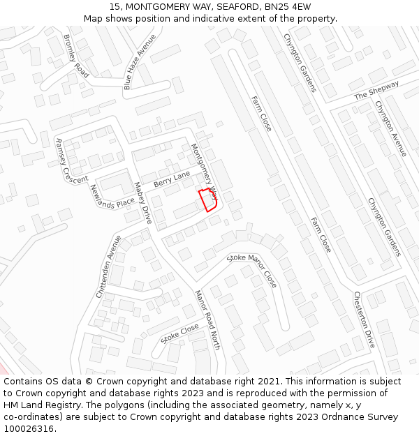 15, MONTGOMERY WAY, SEAFORD, BN25 4EW: Location map and indicative extent of plot