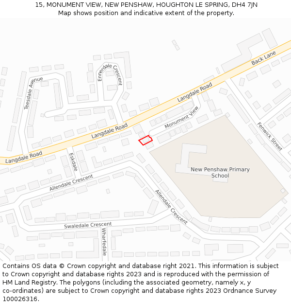 15, MONUMENT VIEW, NEW PENSHAW, HOUGHTON LE SPRING, DH4 7JN: Location map and indicative extent of plot