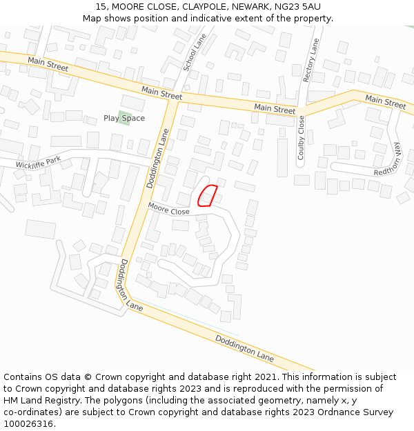 15, MOORE CLOSE, CLAYPOLE, NEWARK, NG23 5AU: Location map and indicative extent of plot