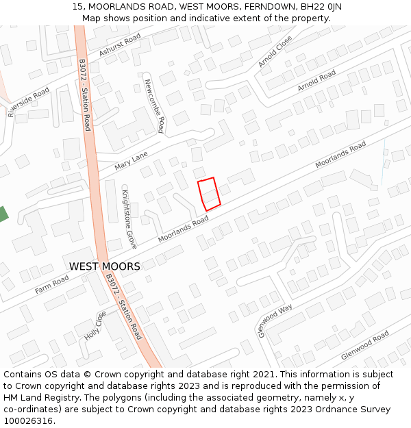 15, MOORLANDS ROAD, WEST MOORS, FERNDOWN, BH22 0JN: Location map and indicative extent of plot