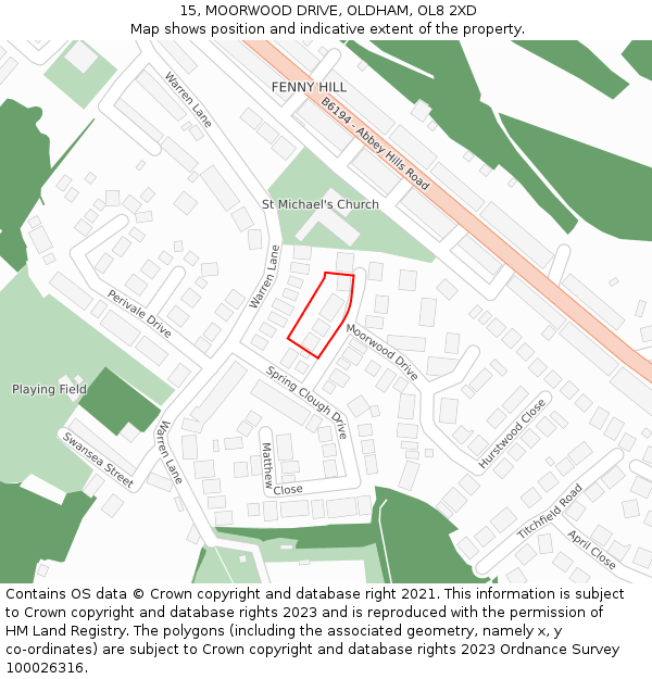 15, MOORWOOD DRIVE, OLDHAM, OL8 2XD: Location map and indicative extent of plot