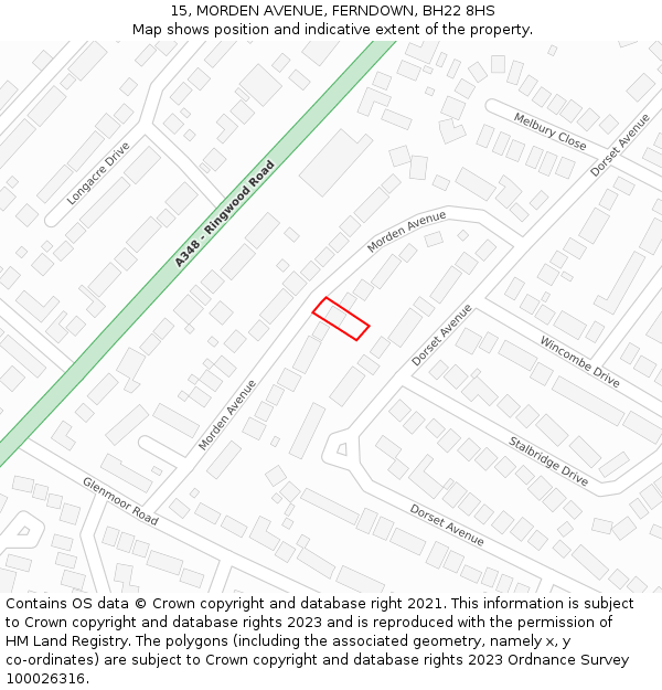 15, MORDEN AVENUE, FERNDOWN, BH22 8HS: Location map and indicative extent of plot