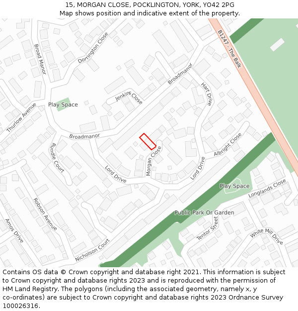 15, MORGAN CLOSE, POCKLINGTON, YORK, YO42 2PG: Location map and indicative extent of plot