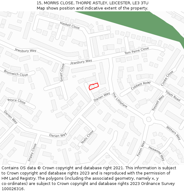 15, MORRIS CLOSE, THORPE ASTLEY, LEICESTER, LE3 3TU: Location map and indicative extent of plot