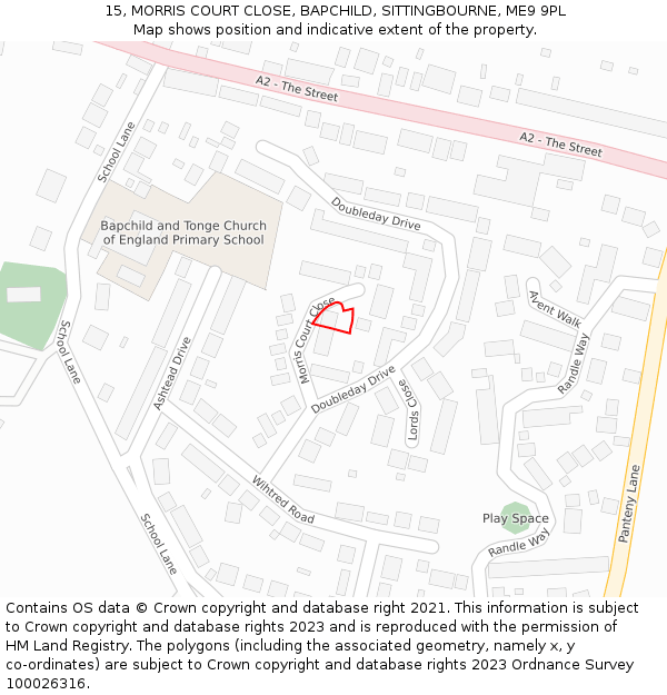 15, MORRIS COURT CLOSE, BAPCHILD, SITTINGBOURNE, ME9 9PL: Location map and indicative extent of plot