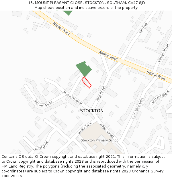 15, MOUNT PLEASANT CLOSE, STOCKTON, SOUTHAM, CV47 8JD: Location map and indicative extent of plot