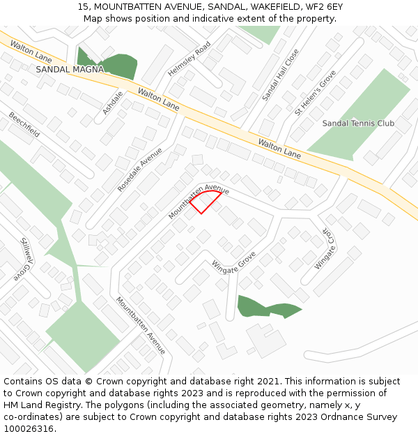 15, MOUNTBATTEN AVENUE, SANDAL, WAKEFIELD, WF2 6EY: Location map and indicative extent of plot