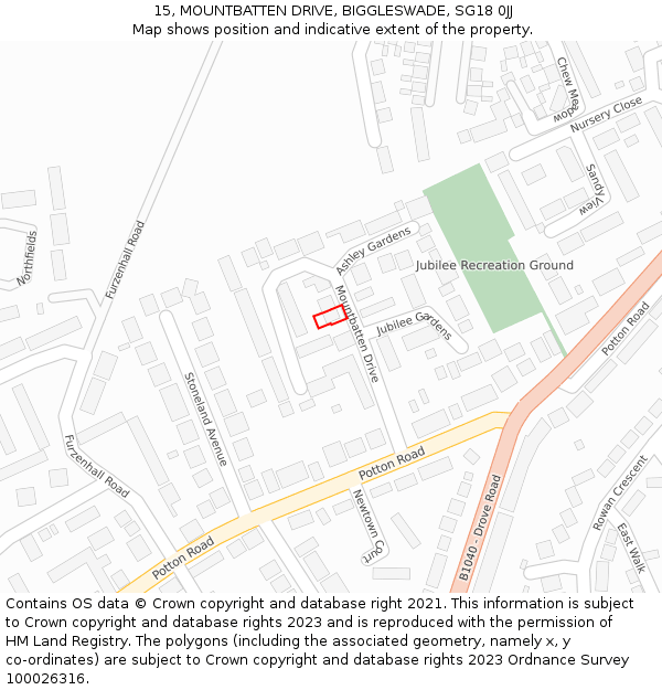 15, MOUNTBATTEN DRIVE, BIGGLESWADE, SG18 0JJ: Location map and indicative extent of plot
