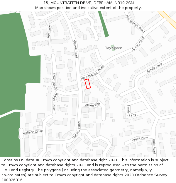 15, MOUNTBATTEN DRIVE, DEREHAM, NR19 2SN: Location map and indicative extent of plot