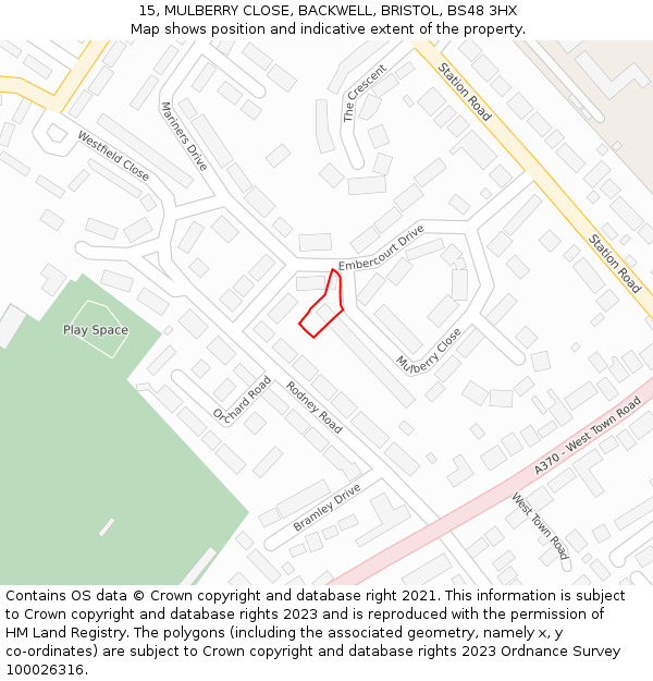 15, MULBERRY CLOSE, BACKWELL, BRISTOL, BS48 3HX: Location map and indicative extent of plot