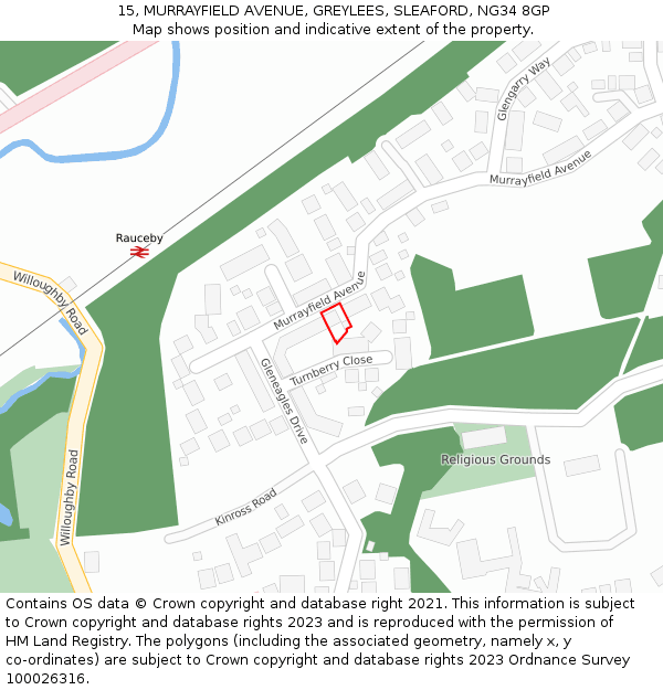 15, MURRAYFIELD AVENUE, GREYLEES, SLEAFORD, NG34 8GP: Location map and indicative extent of plot