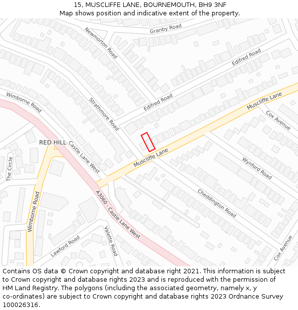 15, MUSCLIFFE LANE, BOURNEMOUTH, BH9 3NF: Location map and indicative extent of plot