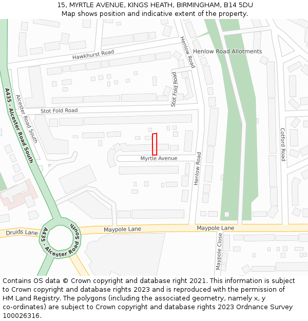 15, MYRTLE AVENUE, KINGS HEATH, BIRMINGHAM, B14 5DU: Location map and indicative extent of plot