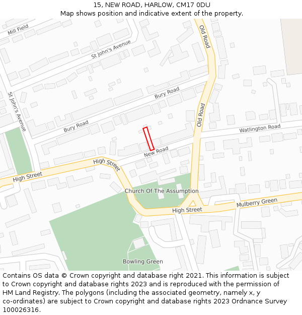 15, NEW ROAD, HARLOW, CM17 0DU: Location map and indicative extent of plot