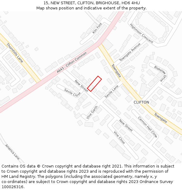 15, NEW STREET, CLIFTON, BRIGHOUSE, HD6 4HU: Location map and indicative extent of plot